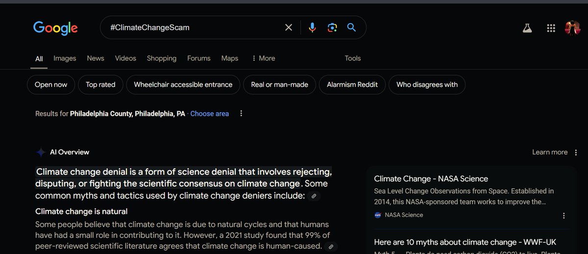 c_vinchenzo's tweet image. The Google AI Bias-Climate Change.
When i do a search for "#ClimateChangeScam" instead of the critics popping up, I get "Climate Change Denial". 🤔