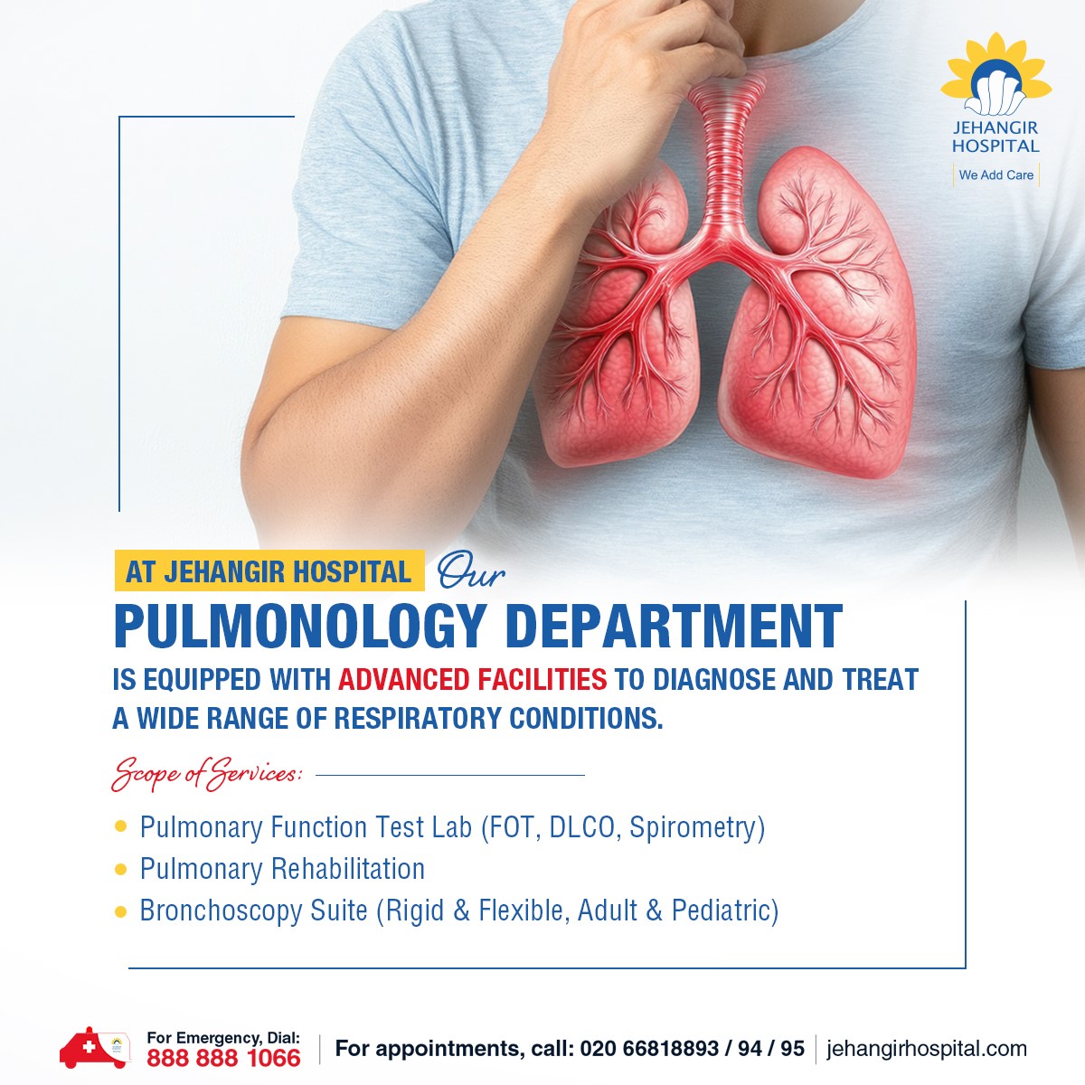 JehangirCare's tweet image. At Jehangir Hospital, we offer comprehensive care for respiratory conditions. Our Pulmonary Function Test Lab provides accurate assessments using FOT, DLCO, and Spirometry, helping in early detection and management of lung diseases. 
#RespiratoryCare #PulmonaryFunctionTest