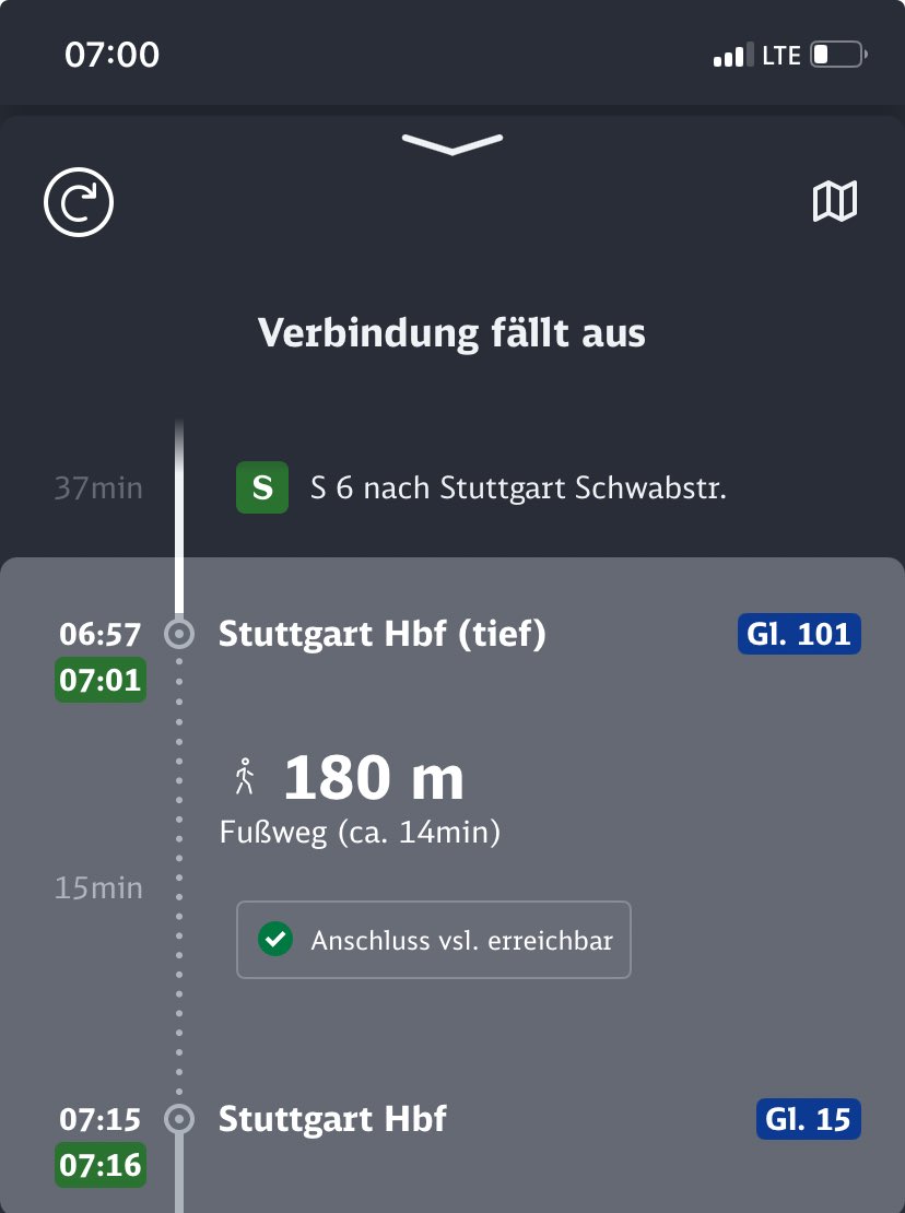 Ernsthaft? Vorherige Verbindung fällt aus aber Anschluss wird VORAUSSICHTLICH erreicht? Ich bin immer noch am StartBahnhof und komme nicht vom Fleck 🤦🏼‍♂️ ⁦<a href="/DB_Presse/">Deutsche Bahn AG</a>⁩ ⁦<a href="/DBRegio_BW/">DB Regio Baden-Württemberg</a>⁩ ⁦<a href="/SBahn_Stuttgart/">S-Bahn Stuttgart</a>⁩ #verspaetung #anschlusszug #ärgermitdb