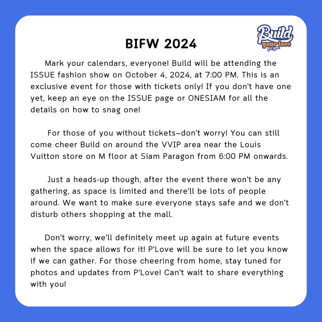 ประกาศรายละเอียดเพิ่มเติมสำหรับงาน BIFW2024 นะค้าาา

Announcement more information for BIFW2024

<a href="/JakeB4rever/">BIU.</a> 
#BuildJakapan
#Beyourluve