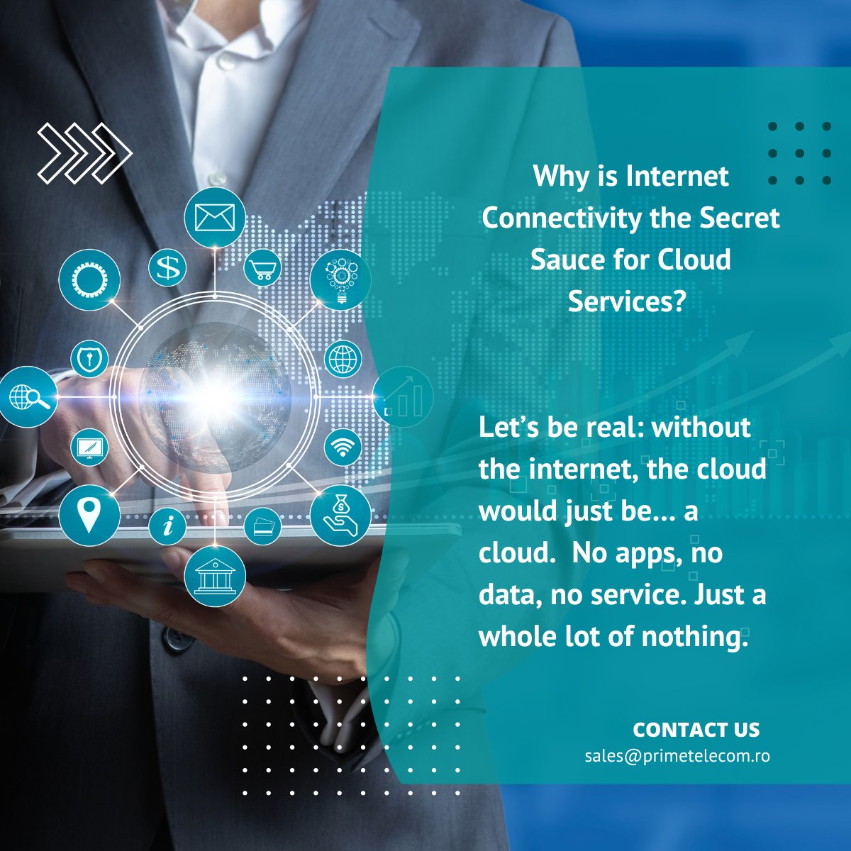 PrimeTelecomRo's tweet image. Why is Internet Connectivity the Secret Sauce for Cloud Services? 💭
Let’s be real: without the internet, the cloud would be… just a cloud. 🌥️No apps, no data, no service. Just a whole lot of nothing.
#PrimeCloud #InternetEssentials #BusinessConnectivity #CloudMadeEasy #Security