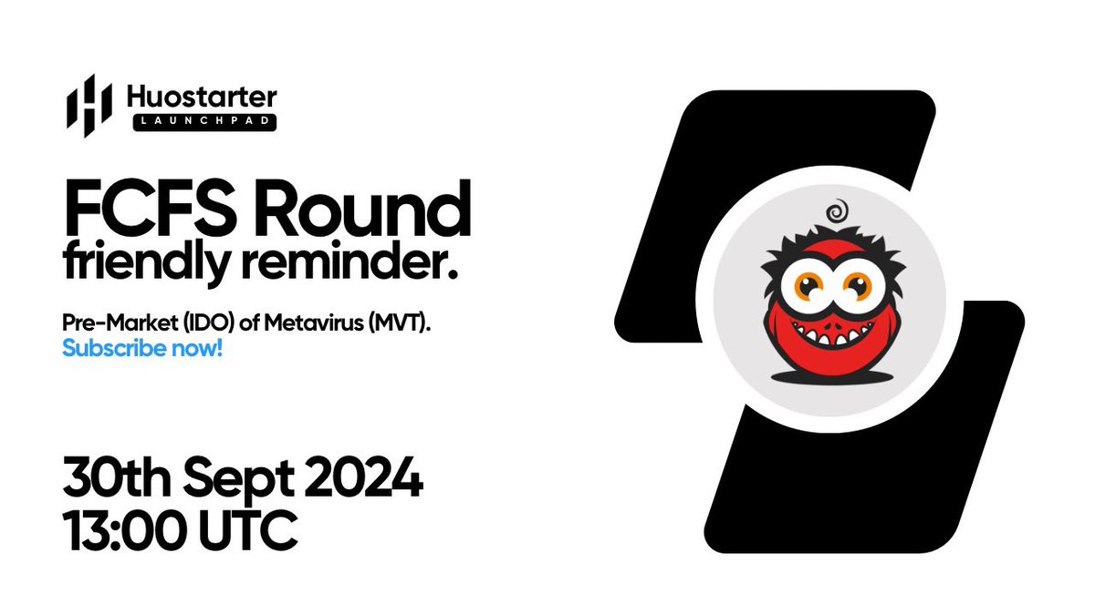 Huostarter (@huostarter) on Twitter photo FCFS Round of the $MVT (<a href="/MetaVirus_games/">MetaVirus Official (We’re hiring tremendously)</a>) IDO will commence on Sept 30th, 2024, at 13:00 UTC.
In this round, it will be opened for VIP HuoSafe (MultiSig) and all address including public.
Get $MVT at a Pre-Market Price: huostarter.io/projects/metav… FCFS Round of the $MVT (<a href="/MetaVirus_games/">MetaVirus Official (We’re hiring tremendously)</a>) IDO will commence on Sept 30th, 2024, at 13:00 UTC.
In this round, it will be opened for VIP HuoSafe (MultiSig) and all address including public.
Get $MVT at a Pre-Market Price: huostarter.io/projects/metav…