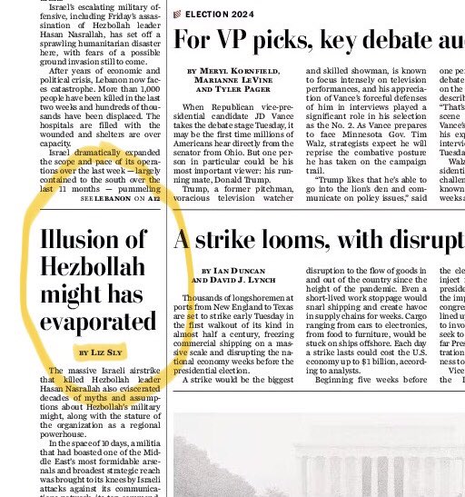 Back on the front page of the Washington Post, on the collapse of the myth of Hezbollah’s military might (below the fold)