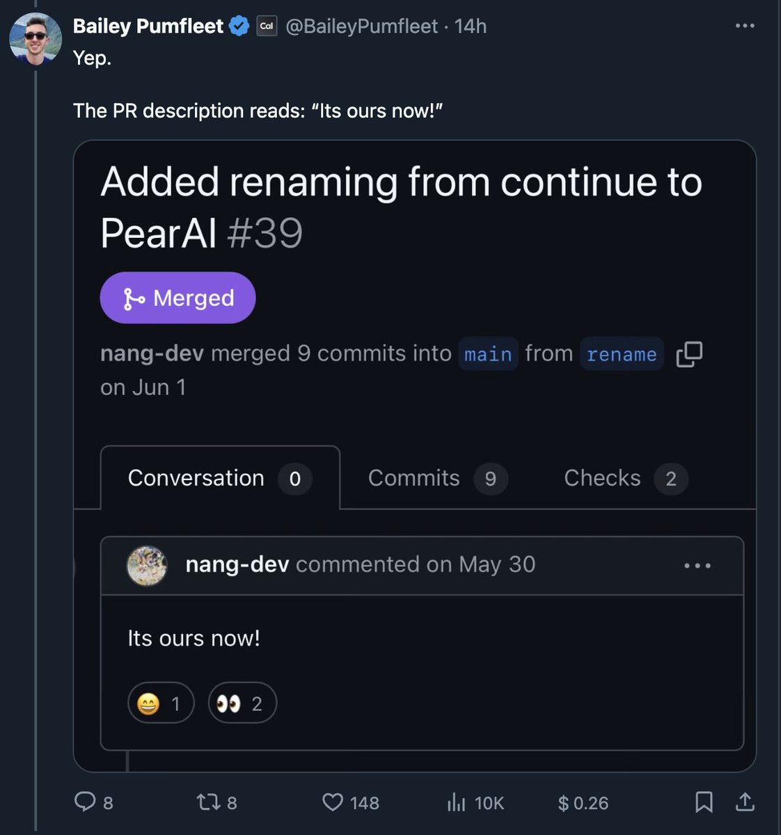peer_rich's tweet photo. a couple takes on the "vscode continue pearAI YC drama"

for context: 
- i did YC in W19, big fan of YC
- i run a large OSS project https://t.co/svpVpBOIvu
- i have the most respect for @garrytan, who also signed my O1 petition 💪

my takes:
- i agree with my cofounder @pumfleet on this, its a bad look for everyone involved

- i give the benefit of the doubt to @garrytan and will wait for more context

- i don't think funding forks is a winning strategy, i have yet to see a fork be more successful than the initial steward (see bitcoin cash, ...)

- i only see a reason to fund forks when the initial steward is widely unpopular or shuts down (i.e. RomeJs becoming biomeJS) 

- as of today i don't see how VScode needs a fork, and my POV is all these cute AI extensions are in-fact VSCode extensions (i use supermaven A LOT – big fan)

- funding a fork of a fork is next-level uncertainty 

- to make it in open source, you need strong open source ethics. you are looking to build a community. starting day 1 saying "its ours now!" is crazy disrespectful, even if the fork is technically legal its highly unethical and i don't think that's a great start to find PMF among developers (who are also working in open source btw.)

- i am not sure if YC actually did their due diligence on this knowing its a fork. the founder profile looks very strong, there is a chance they applied with something else or whether it was a fork or not was never discussed 

- $500k is a preseed investment and my honest guess is that this team of founders might work on something else very soon if this doesn't work out. clearly forking a popular project shows a lot of signs of "taking shortcuts without much buy-in"

- on the other hand, maybe VScode has reached "infrastructure level" where its just too big to rebuild, similar to Chromium. Every browser today out there is a chromium fork and we don't seem to care this much

- "build with continue" is straight-up WILD to claim when it's really just a fork with a CMD+F replace function 

- AGPLv3 helps a lot to mitigate a lot of this

- not using the GitHub fork function looks shady, usually that's a sign of people not caring about the previous fork, not contributing back (no obligation but always nice). this also causes the history to die, old contributors are left-out of the git history and credits

- and lastly: if you wanna make it in open source build something yourself – only fork if the initial steward is not trustworthy anymore or shuts down

building is always more dope than forking 🥳