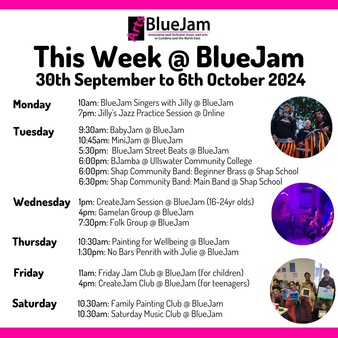 It's another busy week at BlueJam! We're super excited to be starting our new MiniJam session on Tuesday (a lively session for toddlers and pre-schoolers with music, movement, instruments and more!) - do let Sara know if you'll be there (sarabarnard@bluejamarts.org).
