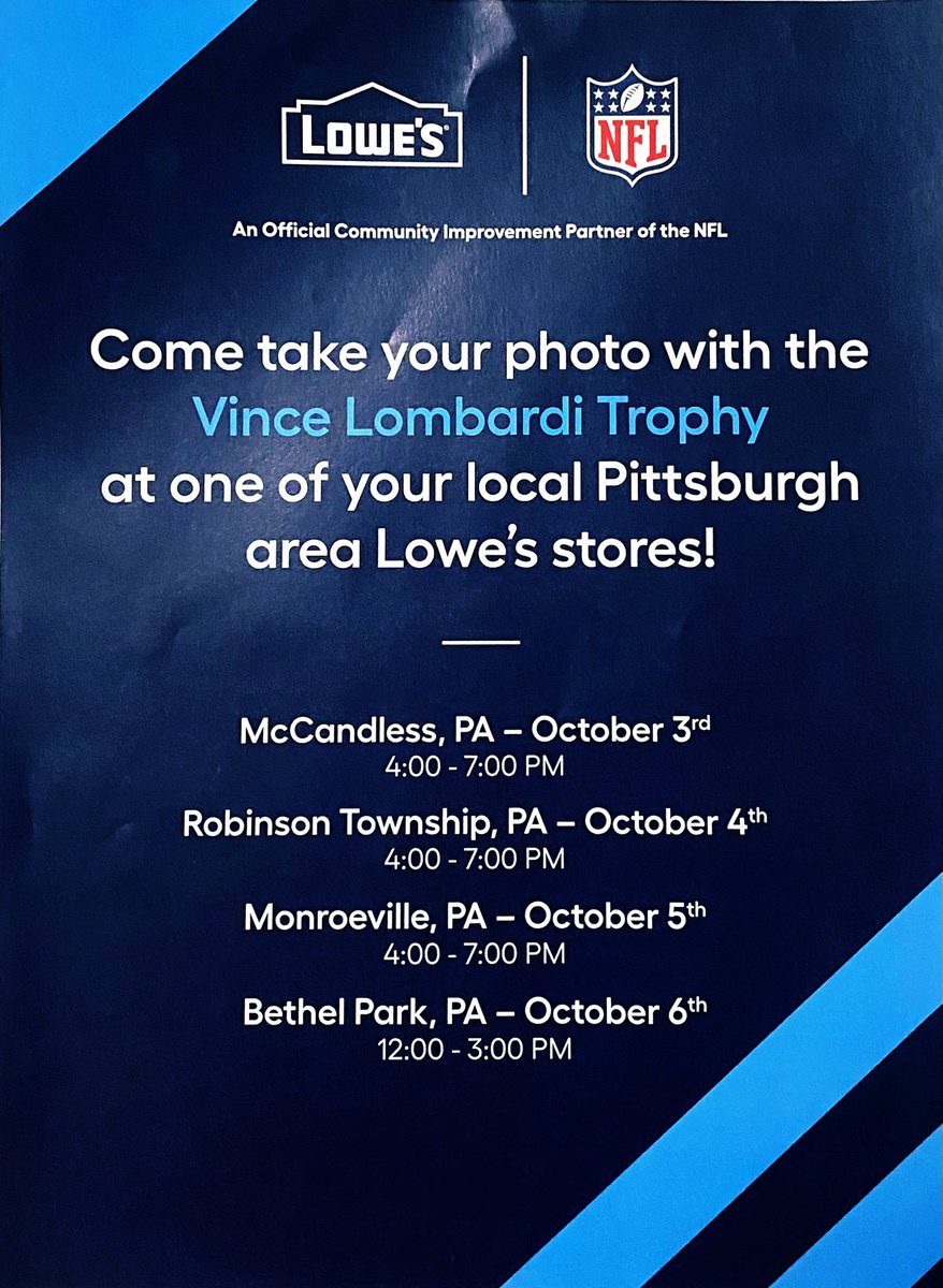 Exciting news for football fans in Pittsburgh! <a href="/Lowes/">Lowe's</a> is an official partner of the <a href="/NFL/">NFL</a> and is bringing the Vince Lombardi Trophy to your local Lowe’s stores. Don’t miss this unique opportunity to snap a photo with the iconic trophy! 🏈 #VinceLombardiTrophy #Lowe's #Pittsburgh
