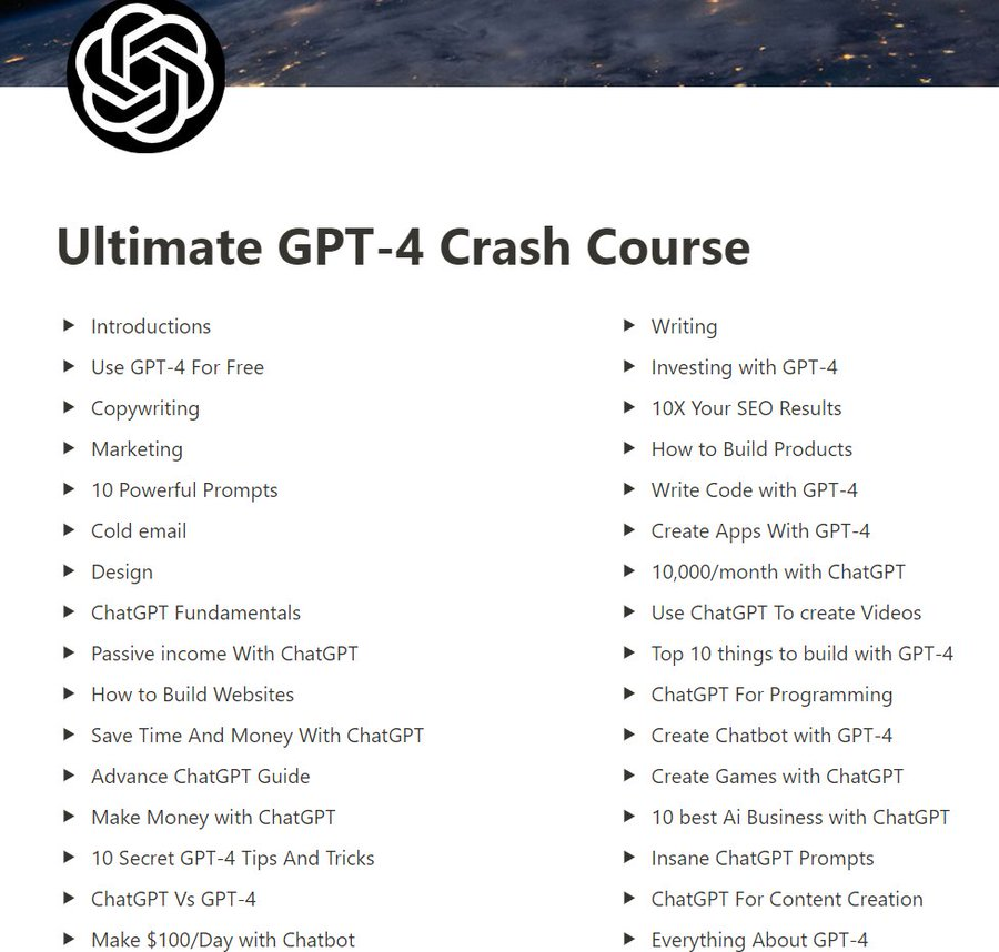 ChatGPT is a FREE assistant.

 But most people don’t know the best ways to use it.

 So I just built ‘the Ultimate GPT-4 Crash Course.’

 And for 24 hours, it's 100% FREE!

 Just:
1. Like
2. Retweet
3. Reply "send"

Follow me (So my DM sends)