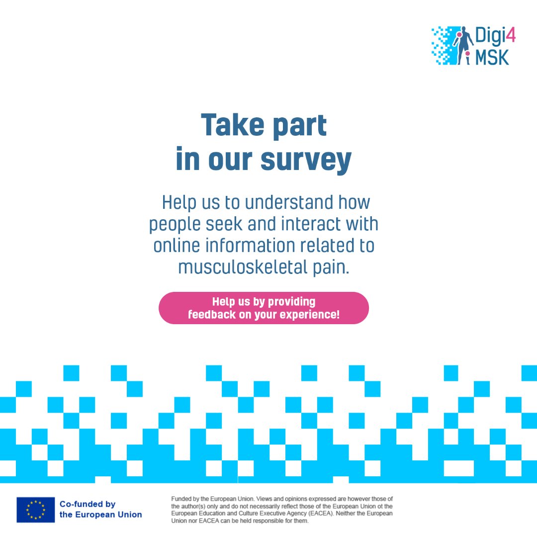 🔍 The European <a href="/Digi4MSK/">Digi4MSK</a> consortium is running a quick 7-10 minute survey to understand how people interact with online info about musculoskeletal pain. Your participation can make a real impact! 📅 The deadline is 30 Sept 2024. 👉 Take the survey today: digi4msk.eu/survey/