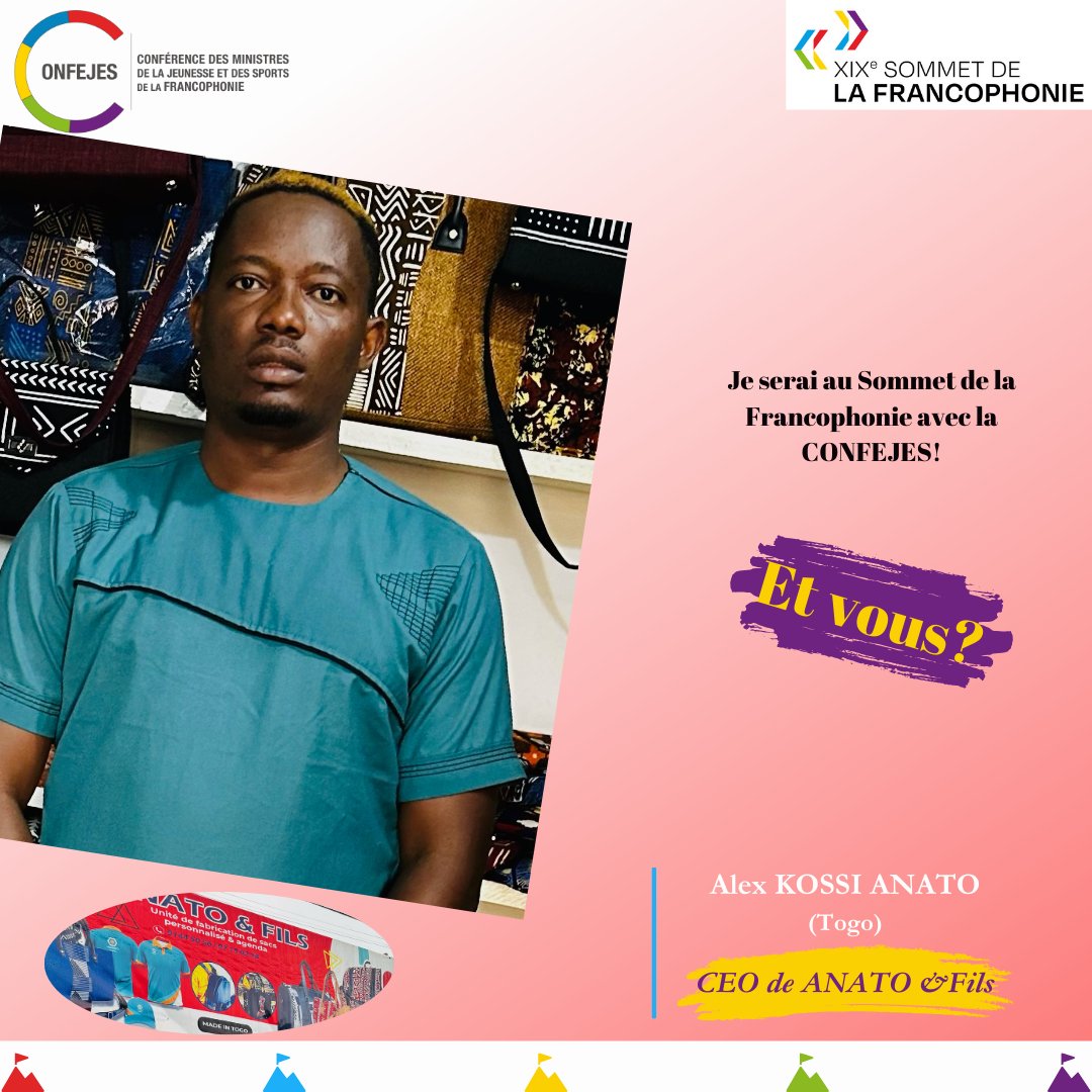 Alex ANATO KOSSI (Togo), CEO de « ANATO ET FILS », au Sommet de la Francophonie 2024, avec la CONFEJES !

Retrouvez Alex au Village de la Francophonie, Pavillon CONFEJES, du 02 au 06 octobre !  

#SommetFrancophonie #Entrepreneuriat #Maroquinerie #SacArtisanal #Togo #Innovation