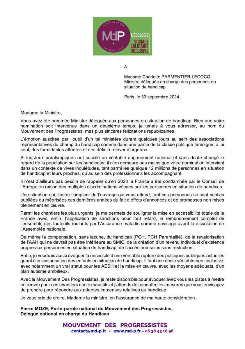 Mouvement des Progressistes (@mdpmouvement) on Twitter photo Le Mouvement des Progressistes interpelle la nouvelle Ministre déléguée au handicap sur l'urgence de répondre aux attentes et de sortir du mépris à l'égard des personnes en situation de #handicap ! #Urgences #Solidarité #Inclusion #Éducation #AESH #Emploi <a href="/Fr_Bechieau/">Francois Bechieau</a> <a href="/PierreMoze/">MOZE Pierre</a> Le Mouvement des Progressistes interpelle la nouvelle Ministre déléguée au handicap sur l'urgence de répondre aux attentes et de sortir du mépris à l'égard des personnes en situation de #handicap ! #Urgences #Solidarité #Inclusion #Éducation #AESH #Emploi <a href="/Fr_Bechieau/">Francois Bechieau</a> <a href="/PierreMoze/">MOZE Pierre</a>