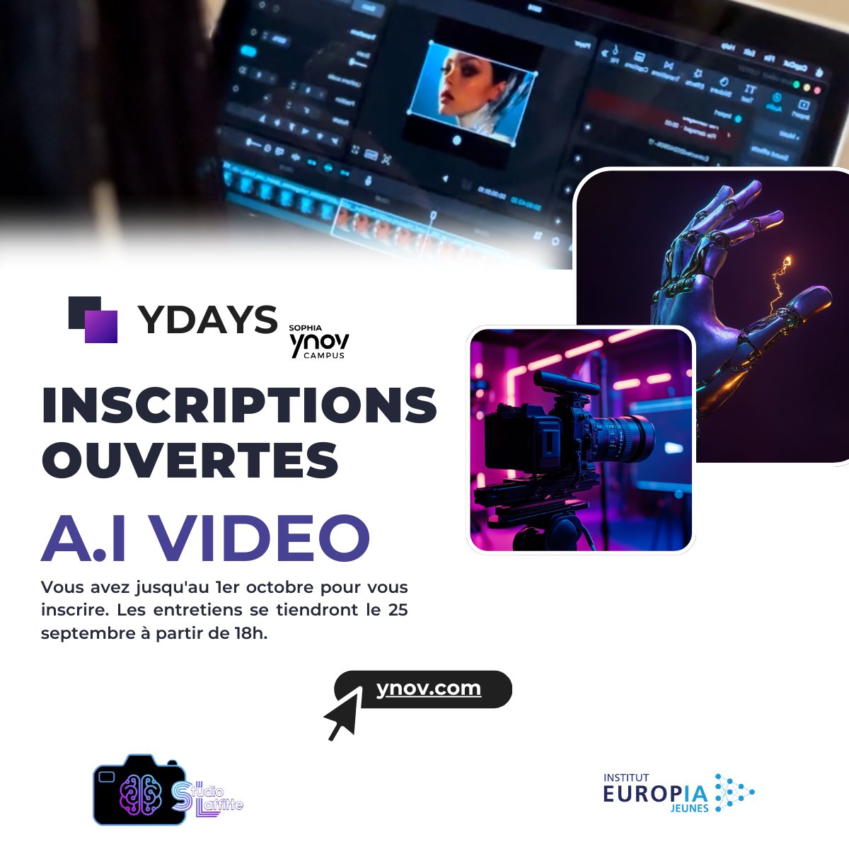 🚀Saviez-vous ? L'intelligence artificielle transforme la création vidéo ! 

🚨 DERNIÈRE CHANCE : Inscrivez-vous au projet Ydays A.I. VIDEO ! 🎬 🤖

📅 Date limite : 1er octobre 2024 !

ydays.ynov.com/projects/4980

#IAGénérative #CréationVidéo #Innovation #EuropIAJeunes