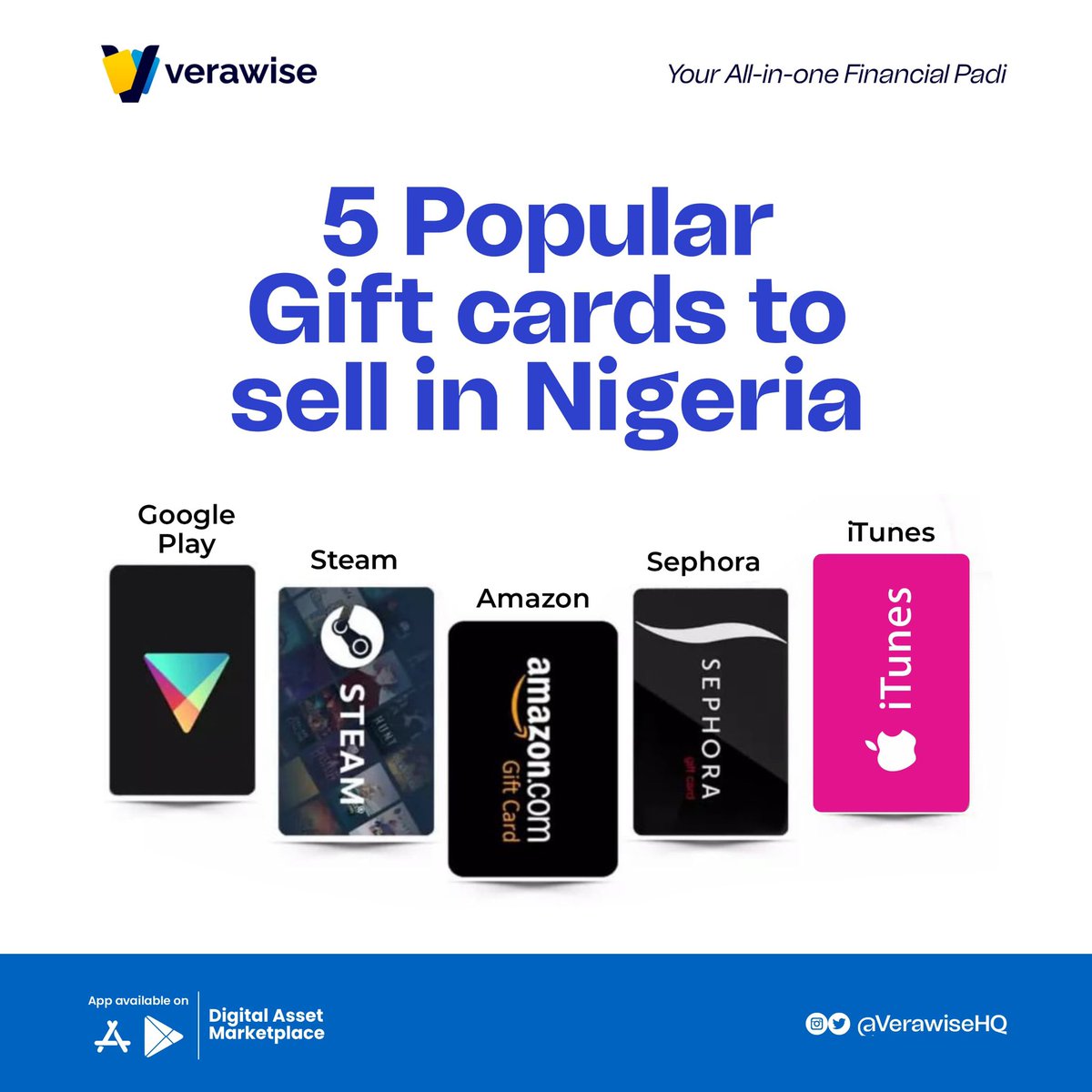 VerawiseHQ's tweet photo. If you have any of these 5 popular gift cards, then we know you are not playing!

Stop by on Verawise and get paid for them at the best rates.😊😌

Link in bio.
.
.
.
.
.
.
#vera #verapay #verawisehq #giftcards #digitalasset #tradingplatform #cryptotrading #billspayment #explore https://t.co/h49FYdQ9k9