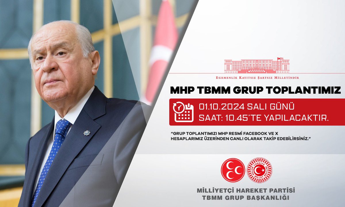 MHP TBMM Grup Toplantımız #01Ekim2024 Salı günü (Yarın) Saat:10.45'te yapılacaktır.

MHP TBMM GRUP BAŞKANLIĞI
<a href="/MhpTbmmGrubu/">MHP TBMM Grubu #MHP</a>