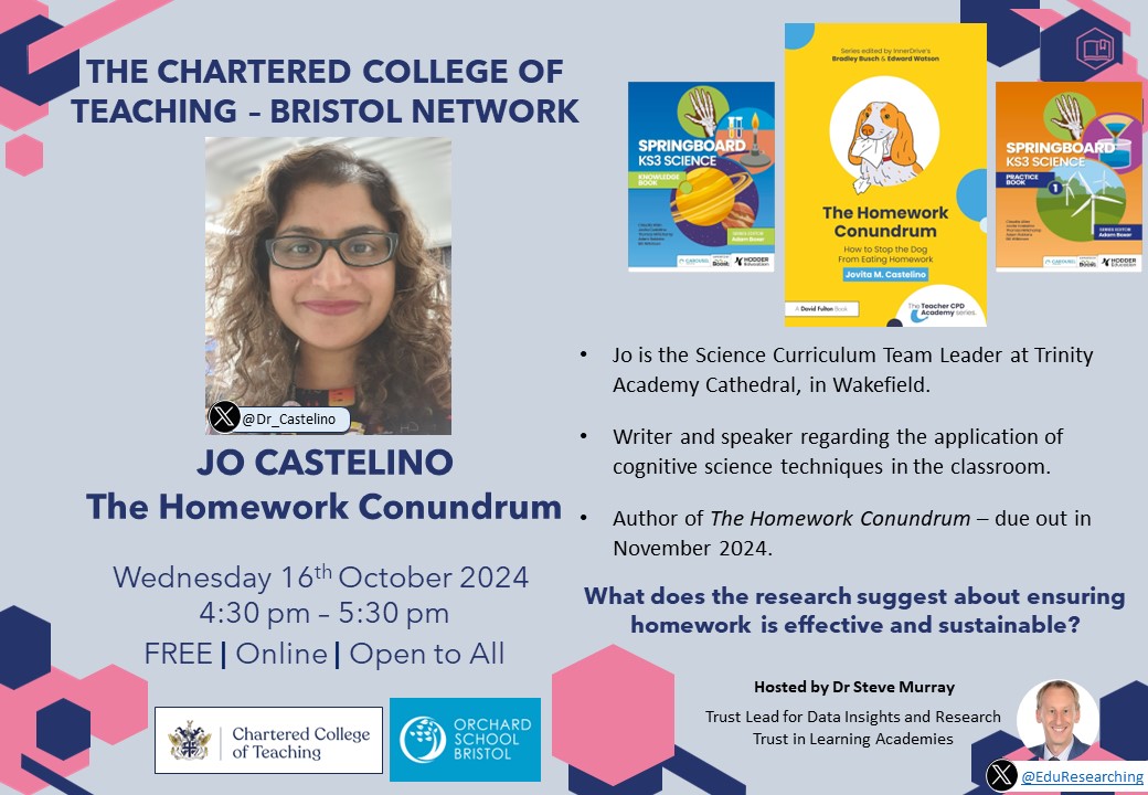 Dr Steve Murray (@eduresearching) on Twitter photo PLEASE RT:
<a href="/Dr_Castelino/">Jo Castelino</a> - "The Homework Conundrum"
Free <a href="/CharteredColl/">Chartered College of Teaching</a> online talk & open to all!
Weds 16th October, 4:30pm
Sign up here: eventbrite.co.uk/e/dr-jo-castelβ¦
#homework #teaching #edutwitter <a href="/SCottinghatt/">Sarah Cottinghatt</a> PLEASE RT:
<a href="/Dr_Castelino/">Jo Castelino</a> - "The Homework Conundrum"
Free <a href="/CharteredColl/">Chartered College of Teaching</a> online talk & open to all!
Weds 16th October, 4:30pm
Sign up here: eventbrite.co.uk/e/dr-jo-castelβ¦
#homework #teaching #edutwitter <a href="/SCottinghatt/">Sarah Cottinghatt</a>