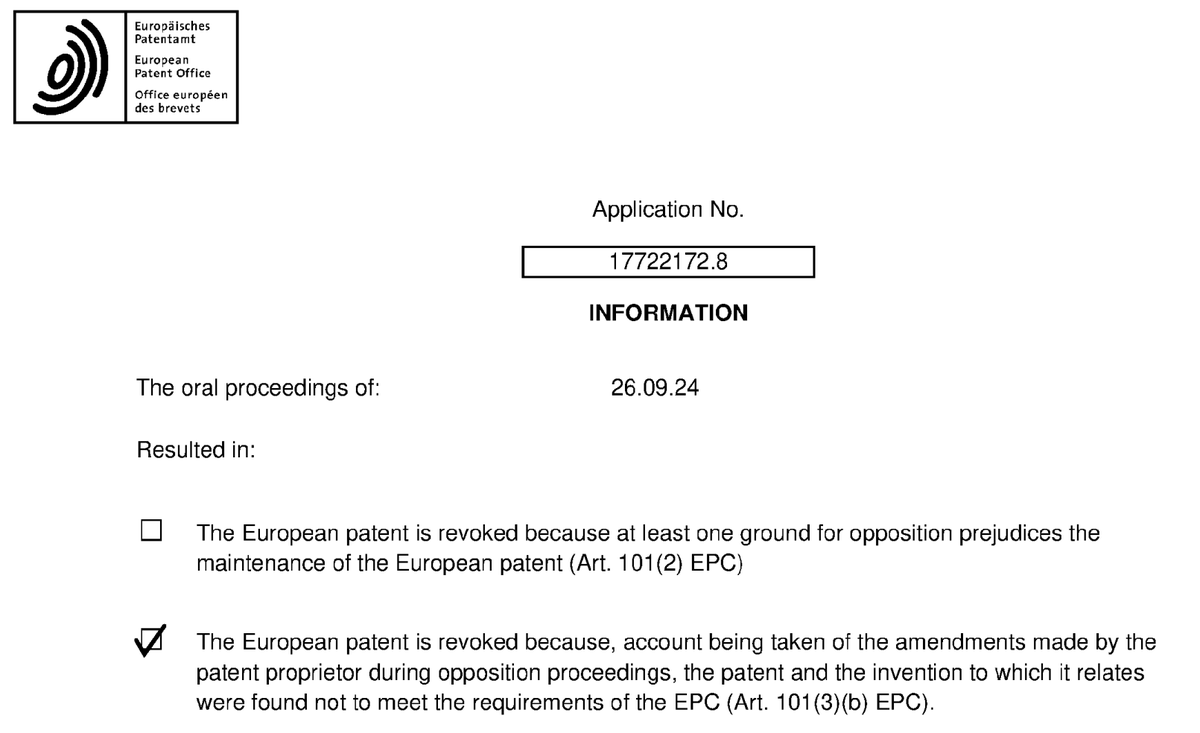 tuftythecat's tweet photo. Confirmation from the EPO that the patent is revoked. Written decision with reasoning to follow. https://t.co/hwGbWDi1fG