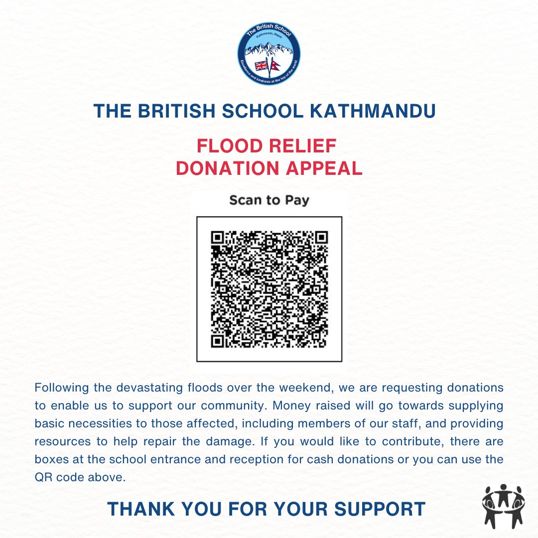 Following the devastating floods over the weekend, we are requesting donations to enable us to support our community.  If you would like to contribute, there are boxes at the school entrance and reception for cash donations or you can use the QR code below. 

Thank you!