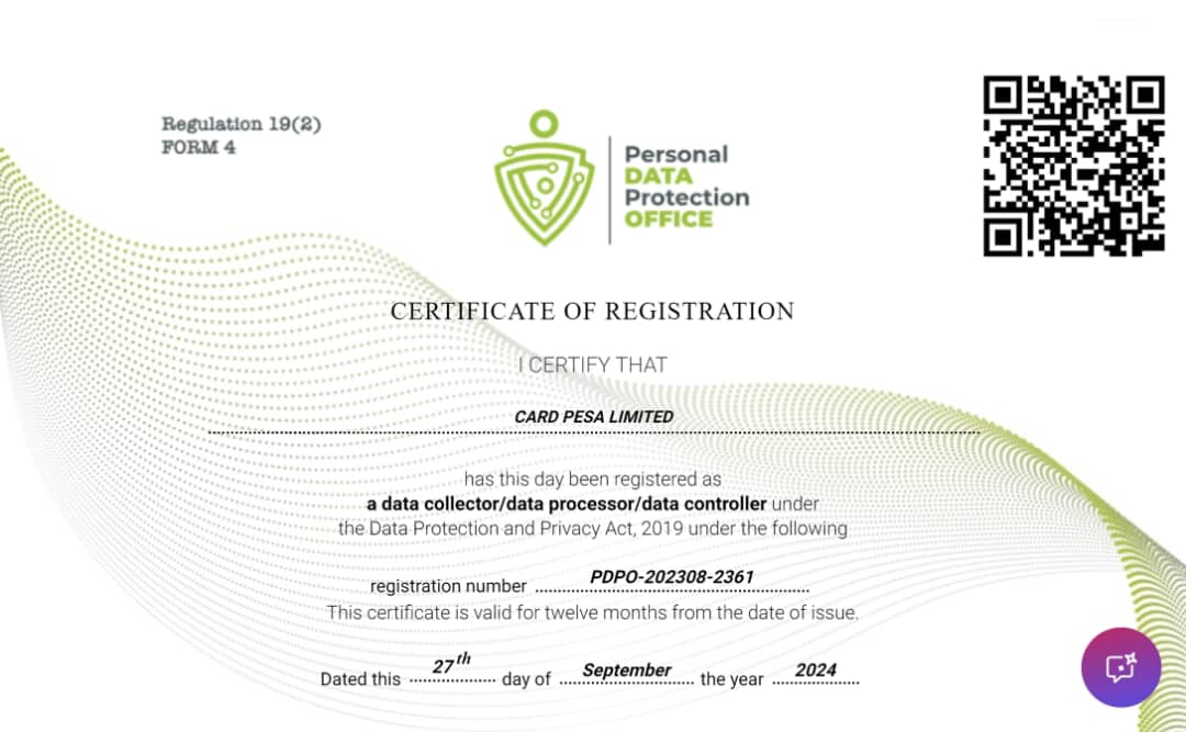 CardPesa's tweet photo. Our PDPO Certificate. 

We are compliant with the above legislation as well https://t.co/gDI8WLoWaa
