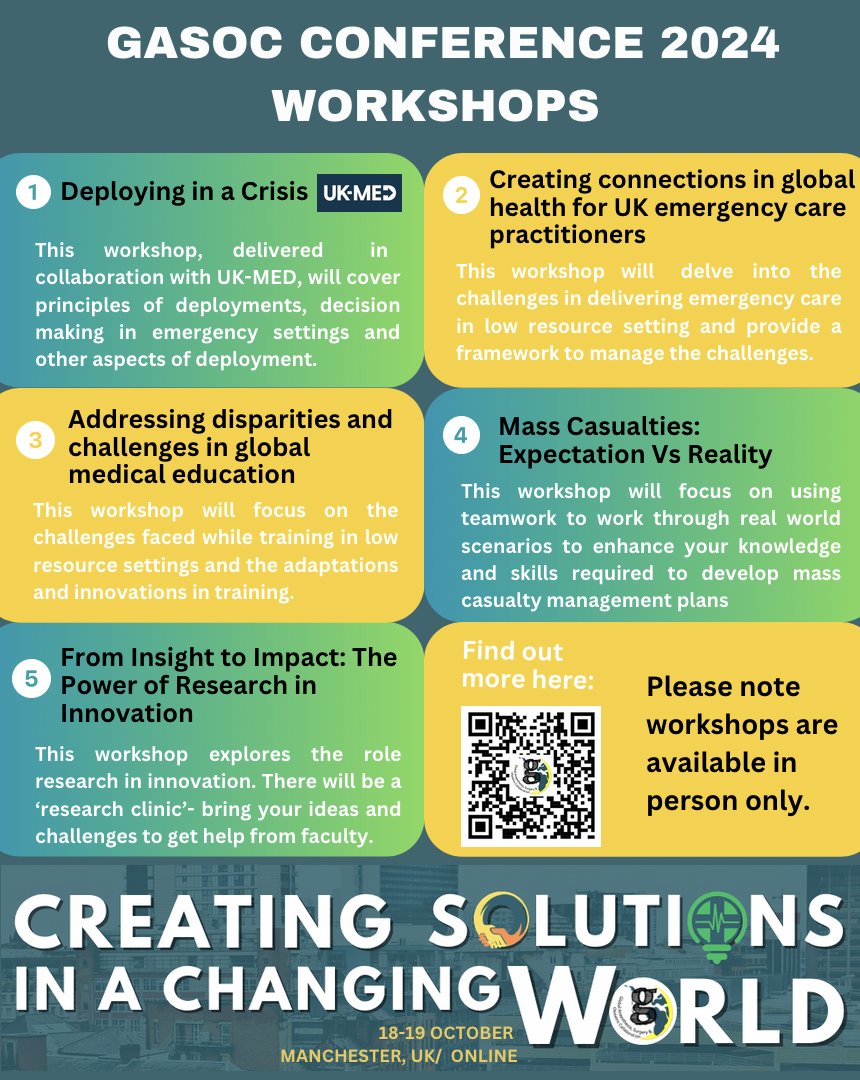 We have 5 insightful workshops planned for #GASOC2024 in Manchester, UK, 18-19 October! 

Join small group discussions with experts on #globalhealth and #humanitarian healthcare 👇

Register here: bit.ly/gasoc2024