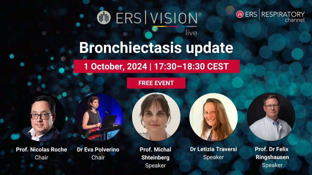 EuroRespSoc's tweet image. Tomorrow at 17:30 CEST!

Join this expert panel discussion, co-chaired by Eva Polverino and Nicolas Roche, on the latest updates in the field of bronchiectasis.

Find out more and register now: bit.ly/47Evi77