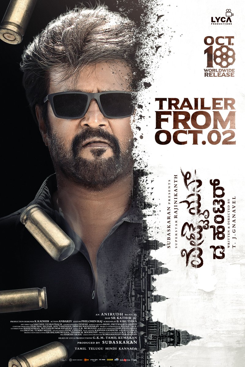 Lyca Productions (@lycaproductions) on Twitter photo The Target is set! 🎯 The VETTAIYAN 🕶️ trailer is dropping on October 2nd. 🔥 Get ready to catch the prey. 🦅
#Vettaiyan 🕶️ Releasing on 10th October in Tamil, Telugu, Hindi & Kannada!
<a href="/rajinikanth/">Rajinikanth</a> <a href="/SrBachchan/">Amitabh Bachchan</a> <a href="/tjgnan/">Gnanavel</a> <a href="/anirudhofficial/">Anirudh Ravichander</a> <a href="/LycaProductions/">Lyca Productions</a> #Subaskaran The Target is set! 🎯 The VETTAIYAN 🕶️ trailer is dropping on October 2nd. 🔥 Get ready to catch the prey. 🦅
#Vettaiyan 🕶️ Releasing on 10th October in Tamil, Telugu, Hindi & Kannada!
<a href="/rajinikanth/">Rajinikanth</a> <a href="/SrBachchan/">Amitabh Bachchan</a> <a href="/tjgnan/">Gnanavel</a> <a href="/anirudhofficial/">Anirudh Ravichander</a> <a href="/LycaProductions/">Lyca Productions</a> #Subaskaran