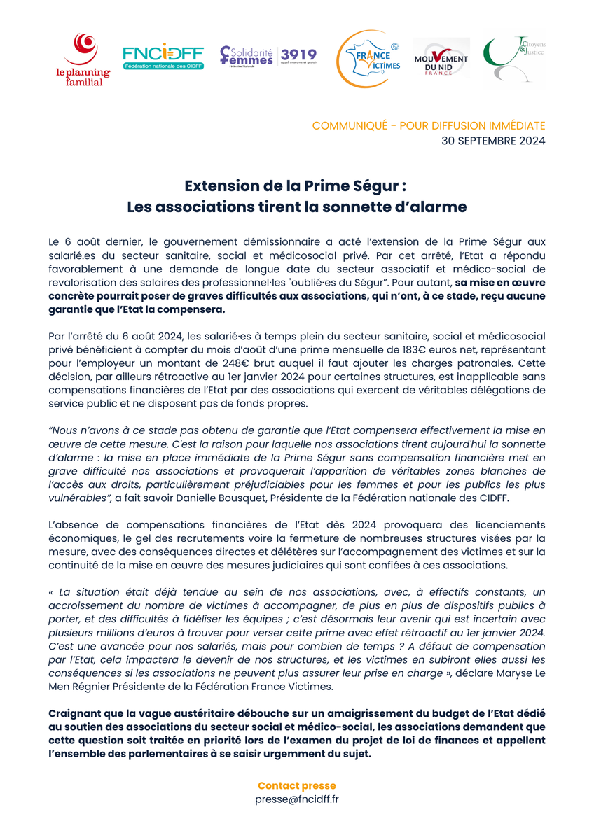 Fédération nationale des CIDFF (@cidff_) on Twitter photo 🔴 Extension de la Prime Ségur : les associations tirent la sonnette d'alarme.
Avec <a href="/leplanning/">Le Planning familial</a> <a href="/SolidariteFemme/">Solidarité Femmes</a> <a href="/FranceVictimes/">France Victimes</a> @CitoyenJustice <a href="/MouvementduNid/">Mouvement du Nid</a>, nous alertons le gouvernement et les parlementaires sur l'arrêté d'extension de la Prime Ségur.
Notre communiqué ↓ 🔴 Extension de la Prime Ségur : les associations tirent la sonnette d'alarme.
Avec <a href="/leplanning/">Le Planning familial</a> <a href="/SolidariteFemme/">Solidarité Femmes</a> <a href="/FranceVictimes/">France Victimes</a> @CitoyenJustice <a href="/MouvementduNid/">Mouvement du Nid</a>, nous alertons le gouvernement et les parlementaires sur l'arrêté d'extension de la Prime Ségur.
Notre communiqué ↓