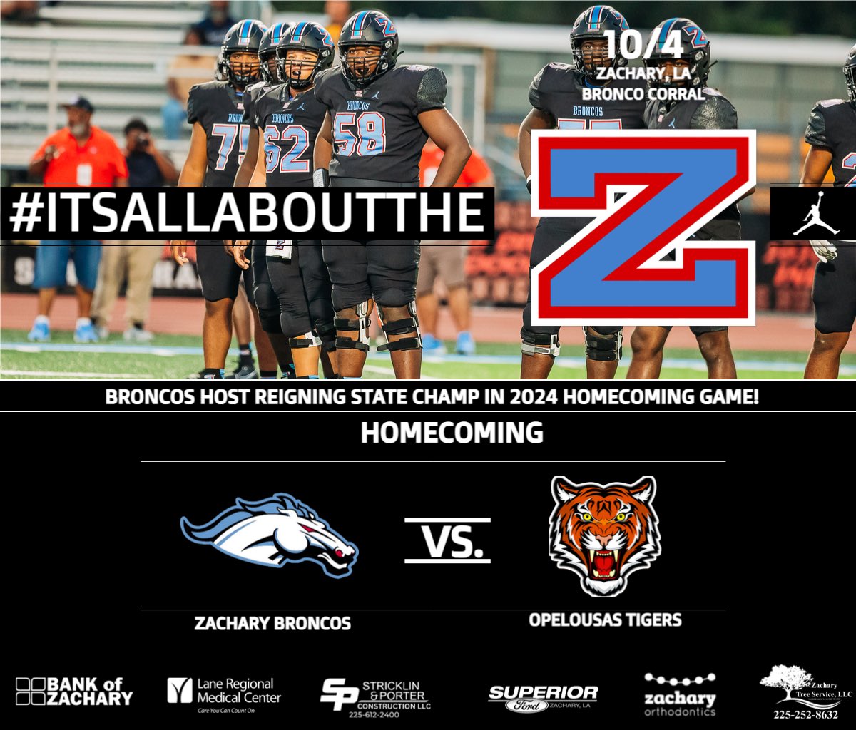 The Broncos host The Reigning State Champion Opelousas Tigers in our homecoming game! Kickoff is set for 7:00. #itsallabouttheZ