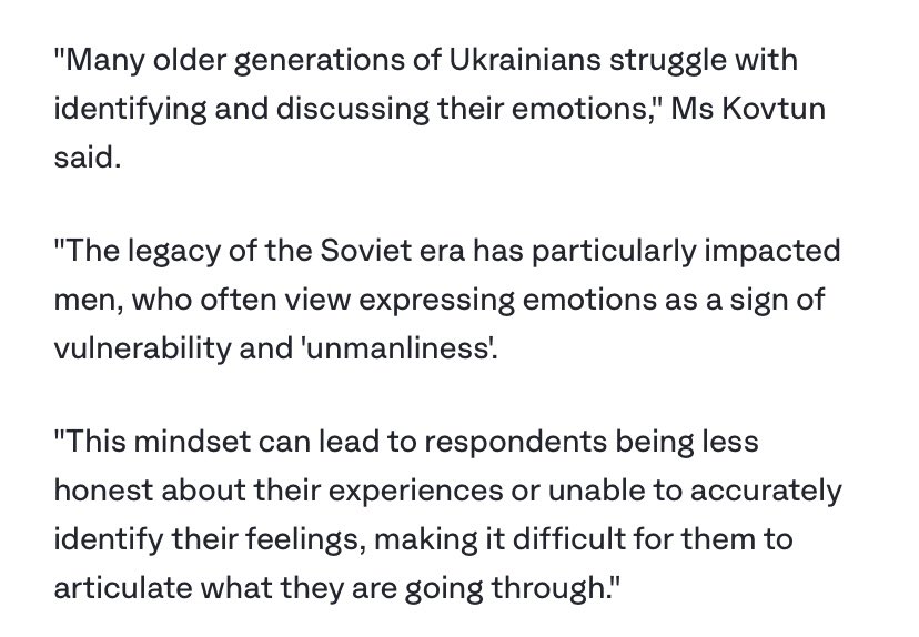 But factors including stigma around mental health means the data is most likely skewed - with figures expected to be far higher.

I spoke to <a href="/valerie_kov/">Valeria Kovtun</a>, a Ukrainian misinformation specialist, who explained how the legacy of the soviet era has had a lasting impact on civilians