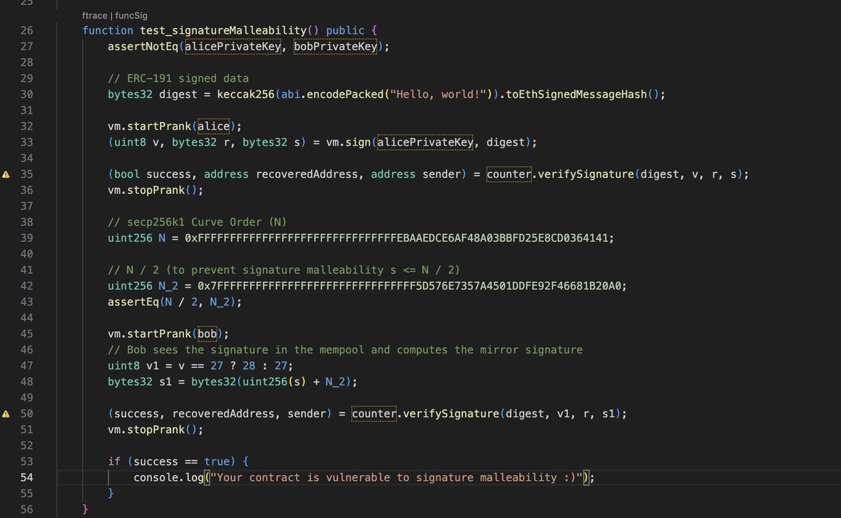Andrej π¦π (@andrej_dev) on Twitter photo Security researchers often explain how to prevent signature malleability in your contracts, but do you know how to test for it while building? Itβs actually quite simple, and hereβs how to do it in Foundry.
For the theory behind this code, subscribe to <a href="/designpatternsc/">Smart Contract Design Patterns</a> β a new Security researchers often explain how to prevent signature malleability in your contracts, but do you know how to test for it while building? Itβs actually quite simple, and hereβs how to do it in Foundry.
For the theory behind this code, subscribe to <a href="/designpatternsc/">Smart Contract Design Patterns</a> β a new