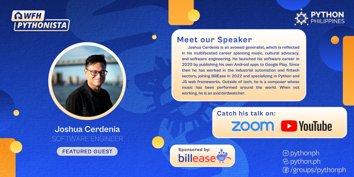 pythonph's tweet image. 🎬 Lights, camera, action! Meet our Python expert for the WFH Pythonista October episode-Joshua Cerdenia

Big thanks to BillEase for sponsoring this insightful session! 🎉

To join, don’t forget to register at the link below 🔔🔔
bit.ly/3zzjSVF

#PythonPH #PythonPH2024