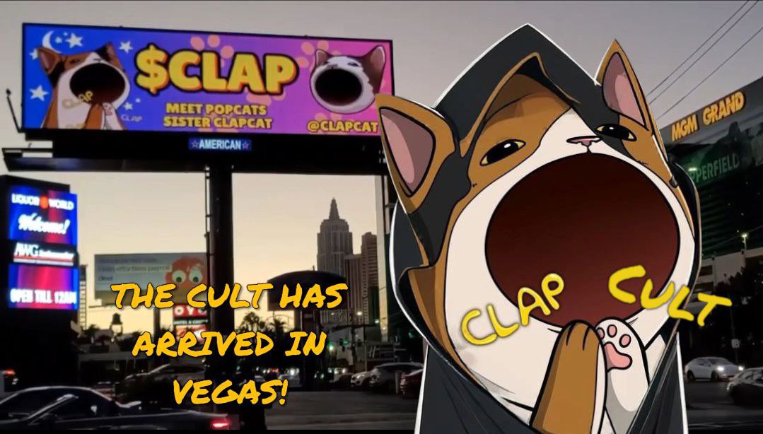 clapcat's tweet photo. $CLAP For Vegas. Clap Cat is taking over Vegas billboards. Who can guess where our next country’s/location will be? 👀🩷 https://t.co/QkS2AKC2bp