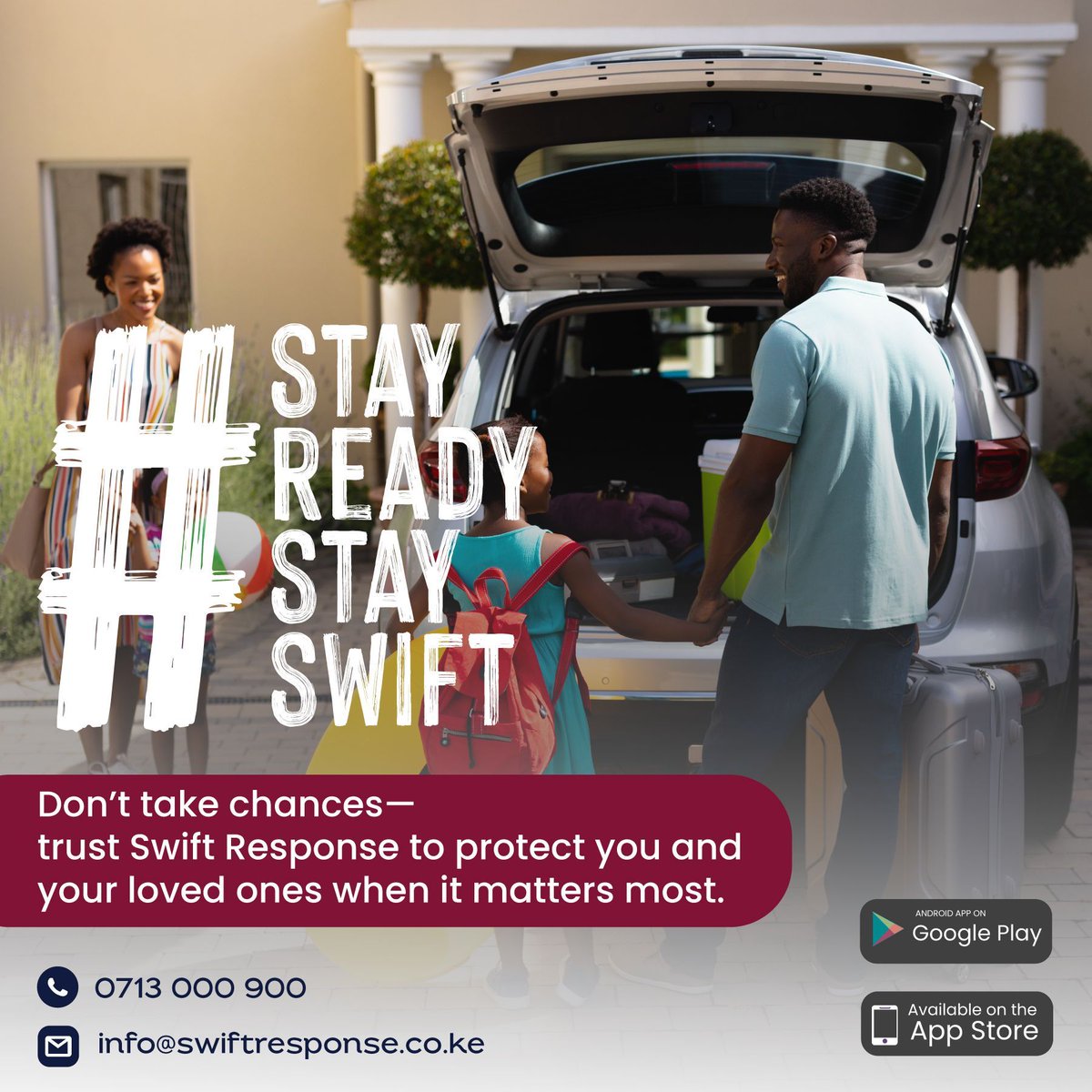 Join thousands of prepared families–download the #SwiftResponse mobile app today, sign up and subscribe to the family Emergency Response package covering upto 5 members at only Kshs 14,999 annually.

#StayReadyStaySwift #EmergencyResponse #safety #Ambulance #EmergencyPreparedness