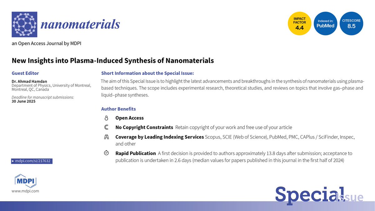 We are delighted to announce that the Special Issue "New Insights into Plasma-Induced Synthesis of Nanomaterials" is open for submissions!

Guest edited by Dr. Ahmad Hamdan <a href="/Hamdan_Plasma/">A. Hamdan</a> 

⏰ Submit your manuscripts by 30 June 2025

🔗 Find out more at: mdpi.com/si/217632