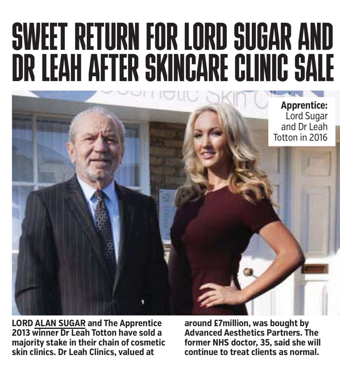 AndrewBloch's tweet image. Advanced Aesthetics Partners, a private investment group, today announced that it has acquired a majority share in Dr Leah Clinics, the business founded by @bbcapprentice winner @DrLeahTotton and @Lord_Sugar in 2013. 

For more information - ab@andrewbloch.cook