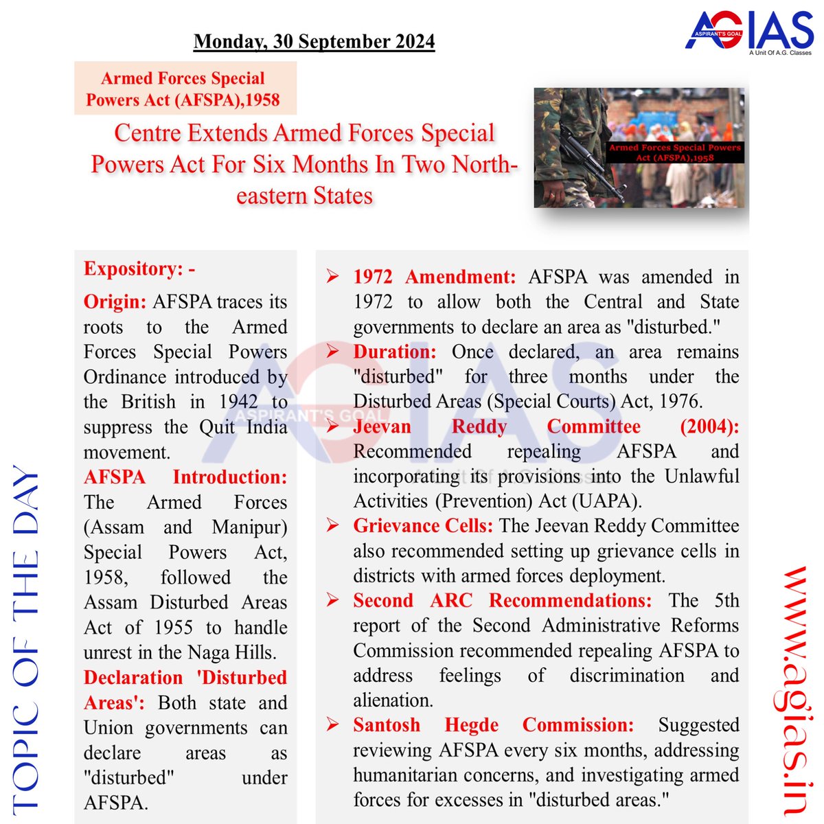 AspirantsGoal's tweet photo. Topic of the day: Armed forces Special Powers Act (AFSPA) 1958 | Monday, 30 September 2024 |
.
.
#trending #trend #topicoftheday #agias #upsc #upscmotivation #ias #ips #picoftheday #upscaspirants https://t.co/KEtFvDf14Q