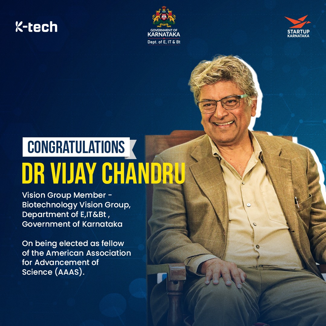 <a href="/ITBTGoK/">ITBT Karnataka</a> , congratulates Dr. <a href="/vijaychandru/">Vijay Chandru</a>  for being recognized as the fellow in the <a href="/aaas/">AAAS</a>. 

Dr. <a href="/vijaychandru/">Vijay Chandru</a> , a member of our BT Vision Group, is the 15th Indian scientist in 150 years to receive this honor.

<a href="/PriyankKharge/">Priyank Kharge / ಪ್ರಿಯಾಂಕ್ ಖರ್ಗೆ</a> <a href="/DrCaur/">Dr. Ekroop Caur</a> <a href="/kiranshaw/">Kiran Mazumdar-Shaw</a> <a href="/bindal_ruchi/">Ruchi Bindal</a> <a href="/artparkindia/">ARTPARK - AI & Robotics Technology Park</a>