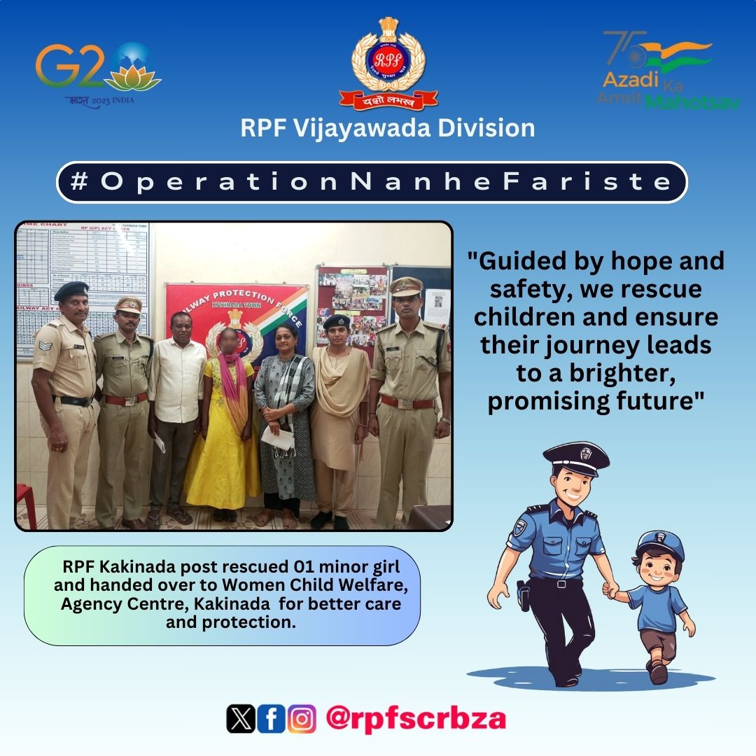 rpfscrbza's tweet photo. #OperationNanheFariste. On 29.09.2024 #RPF #kakinada post rescued 01 minor girl (aged 14years) in Kakinada town Railway station and handed over to Women Child Welfare, Agency Centre, Kakinada for better care and protection. https://t.co/IwkON3BIiK