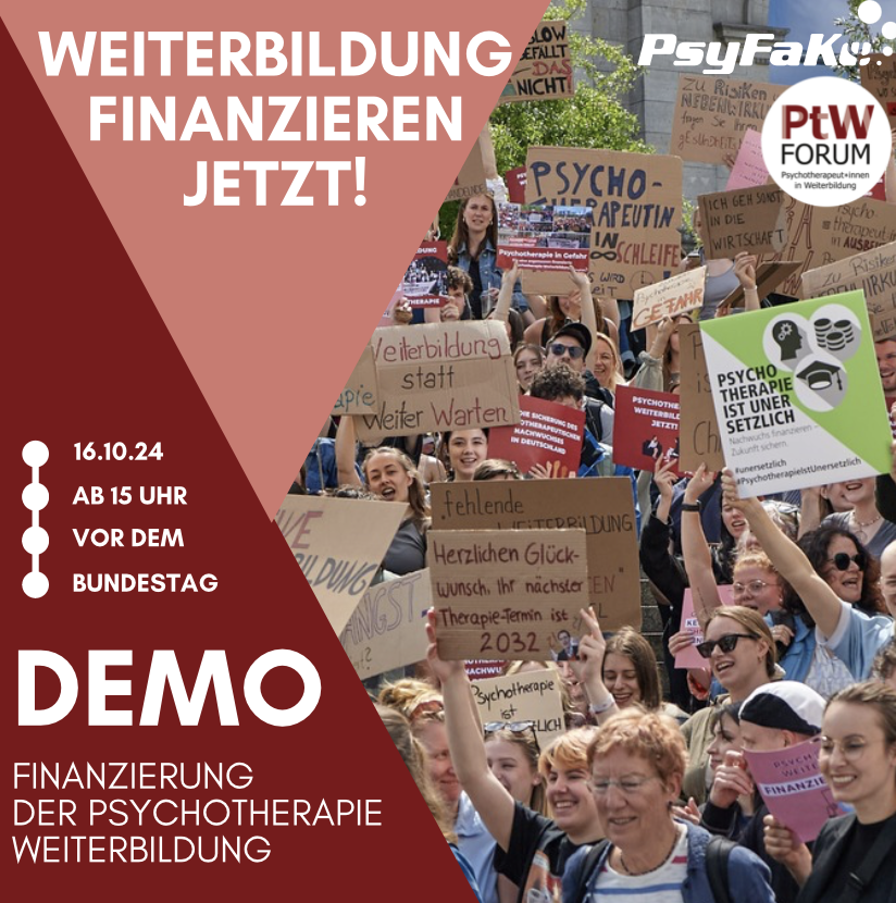 Die Regelungen zur Finanzierung der #Psychotherapie-Weiterbildung sind weiterhin unzureichend. Darauf möchten wir am 16.10.24 mit einer Demo in Berlin aufmerksam machen. Lasst uns gemeinsam laut werden für die Weiterbildung, denn #PsychotherapieIstUnsersetzlich #GVSG