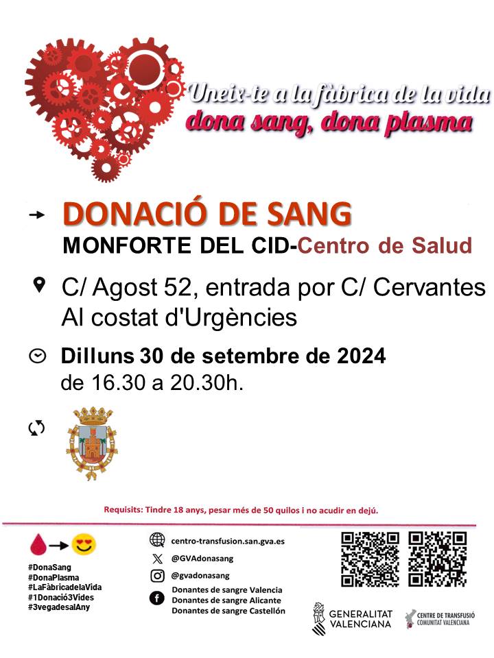 GVAdonasang's tweet image. Dona sang en #MonfortedelCid
📆Dilluns #30setembre

Cada dia els nostres hospitals necessiten sang. No esperes a una emergència, la sang ha d'estar disponible diàriament.

#DonaSang #DonaPlasma

Uneix-te a #LaFàbricaDeLaVida❤️