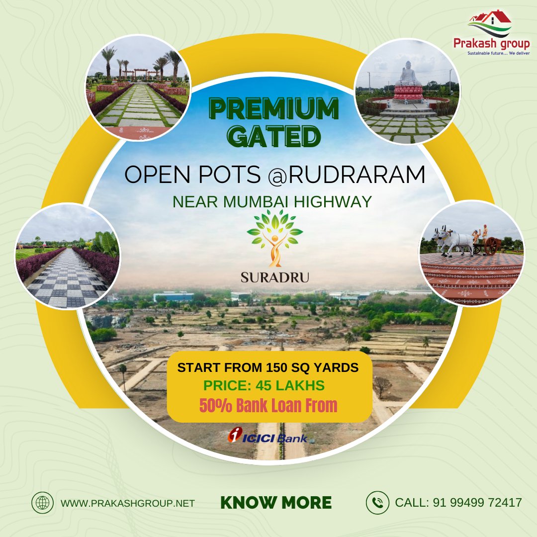 PrakashGroup1's tweet image. Premium gated Community open plots for sale 
 Mumbai Highway Facing Project 
 Just 10 Minutes from ORR EXIT NO:3
30 Minutes from Gachibowli 
#RERAApprovedProjects #openplotsforsale 
#openplotsforsaleinhyderabad #HmdaPlotsForSaleInHyderabad #investment  #hyderabadhydra #hydra