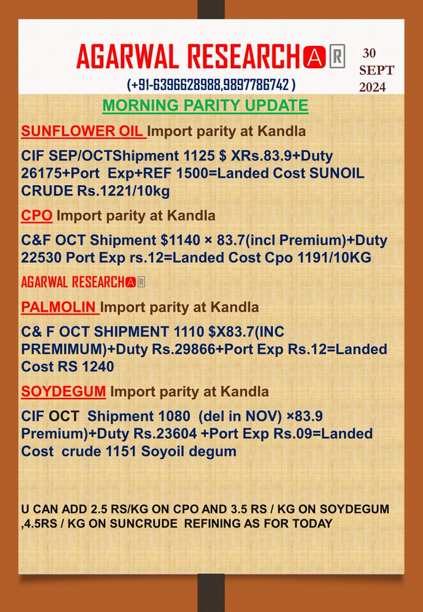 Goodvib75002247's tweet photo. #EDIBLE #VEGOILS #IMORT PARITY ON KANDLA PORT #INDIA #SOYOIL #PALMOIL #CPO #SUNOIL https://t.co/VjXgsJEYV5