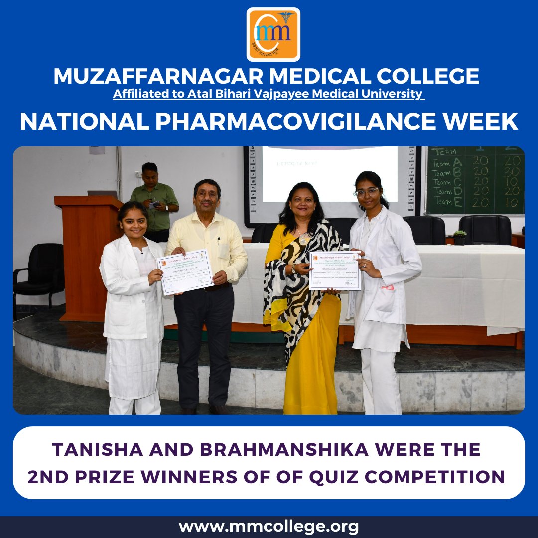 MMCandH's tweet photo. 🎉 Pharmacovigilance Week at MMC, Muzaffarnagar wrapped up with an exciting quiz for 2nd-year students! 📚✨ Five teams competed, with faculty, students, and the Pharmacovigilance Committee cheering them on. 🙌
.
.
.
#PharmacovigilanceWeek #PvPI #HealthcareAwareness #MMCEvents https://t.co/9p32jWUghA