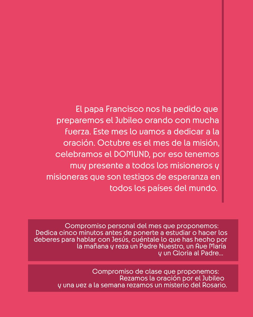 📅 #Octubre | Oración

"Cuando oréis no uséis muchas palabras" (Mt 6,7)

#ColegiosDiocesanos #CaminamosenEsperanza