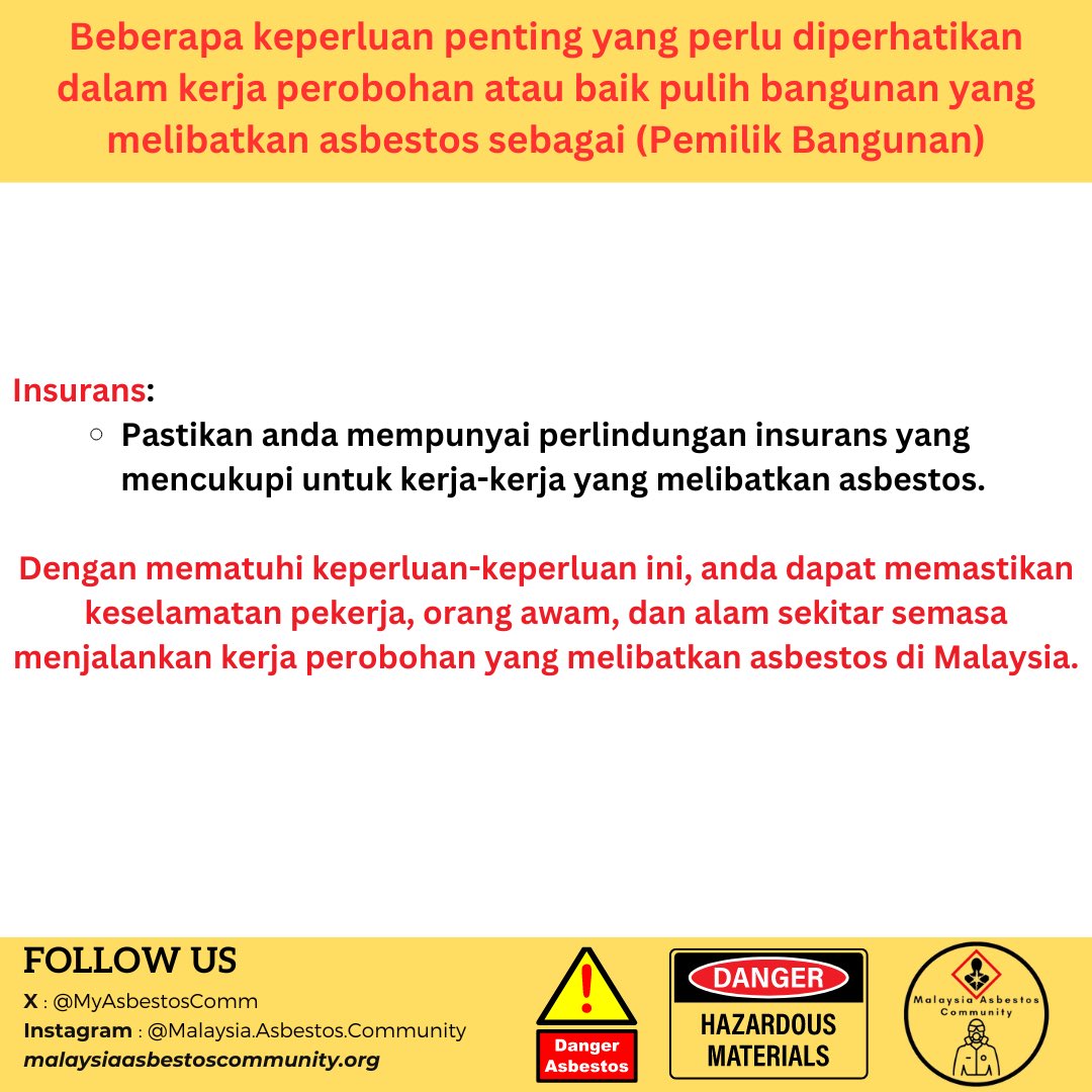 MyAsbestosComm's tweet photo. Follow kami di social media di instagram dan X atau layari Laman Sesawang rasmi kami di https://t.co/kQL28RPw9i 

#asbestosawareness 
#malaysia 
#malaysiaasbestos 
#malaysiaasbestoskomuniti
#jabatanalamsekitar 
#kementeriankesihatanmalaysia 
#jabatankerjaraya
#jkkpmalaysia https://t.co/uN1DtfvZfx