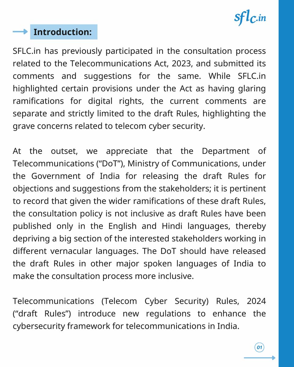 SFLCin's tweet image. #DraftRules #telecommunication

The draft Telecommunications (Telecom Cyber Security) Rules, 2024 (“Rules”) has introduced new regulations to enhance the cybersecurity framework for telecommunications in India. The rules expand the government&apos;s powers to collect, share, and…