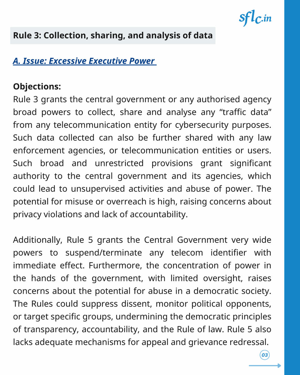 SFLCin's tweet image. #DraftRules #telecommunication

The draft Telecommunications (Telecom Cyber Security) Rules, 2024 (“Rules”) has introduced new regulations to enhance the cybersecurity framework for telecommunications in India. The rules expand the government&apos;s powers to collect, share, and…