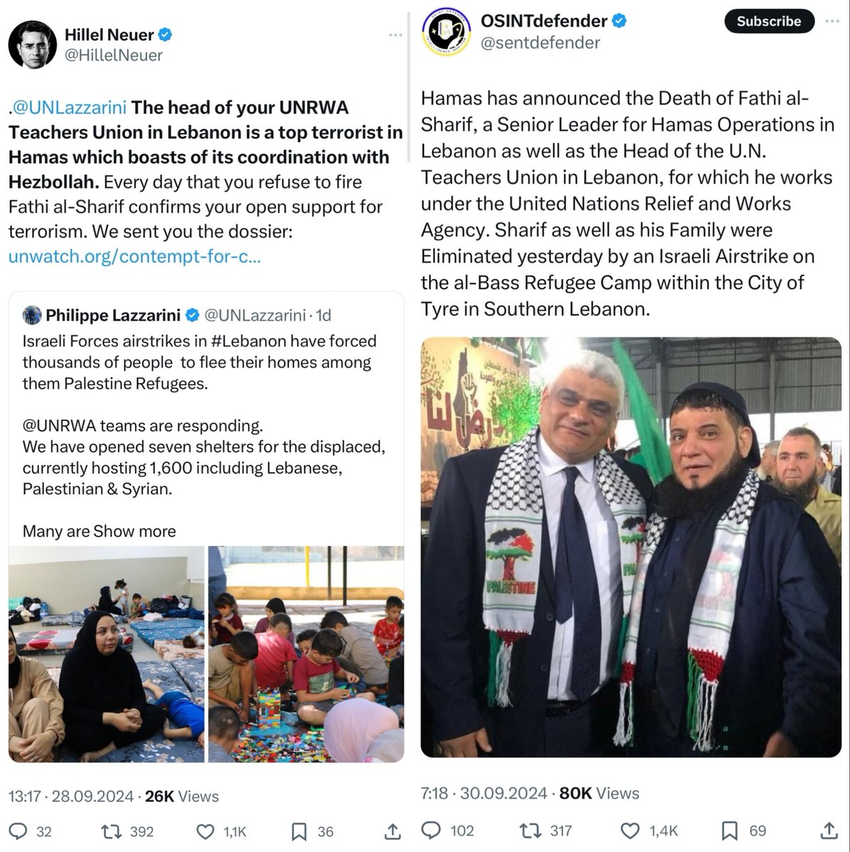 Well, what an interesting turn

<a href="/HillelNeuer/">Hillel Neuer</a> for many months reported and told <a href="/UNLazzarini/">Philippe Lazzarini</a> that the head of teacher union of <a href="/UNRWA/">UNRWA</a> Fathi al Sharif is a senior Hamas commander, and Lazzarini ignored it completely

Today <a href="/IDF/">Israel Defense Forces</a> eliminated him and Hamas confirmed he was their member