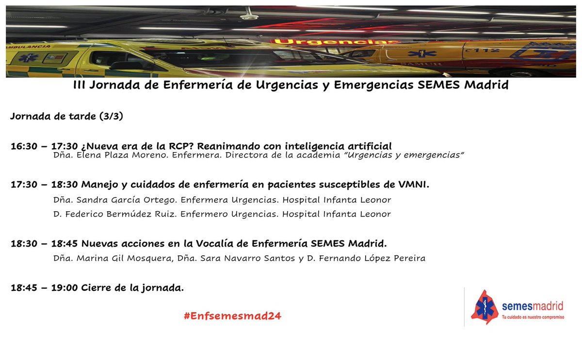 🚨Abrimos inscripciones🚨 III Jornada de Enfermería de Urgencias y Emergencias
forms.gle/cZc1nPqtgvShaR…
Aquí os dejamos el programa.
📢400 plazas
📍Auditorio Hosp Univ Clínico San Carlos
🗓️ 22/10/2024 de 9 a 19 horas.
#Enfsemesmad24 #Enfermeria #Urgencias #Emergencias 🚑🏥