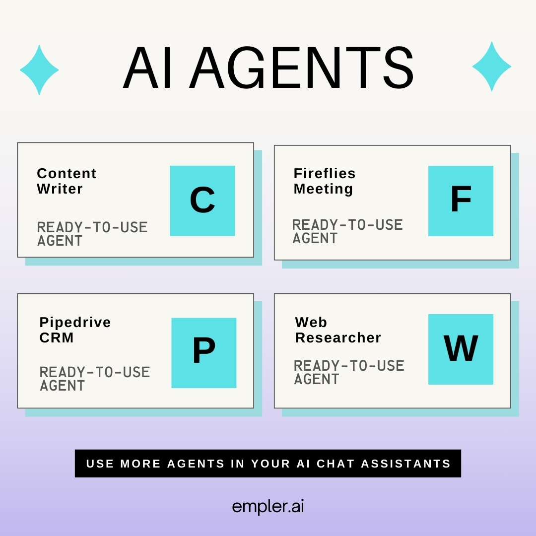 emplerai's tweet photo. Meet the ready-to-use AI Agents at Empler AI 🎉

Try now: https://t.co/4Cbp4hmRej

#GenerativeAI #AIAgents #emplerai https://t.co/Vv0oJFHbYC