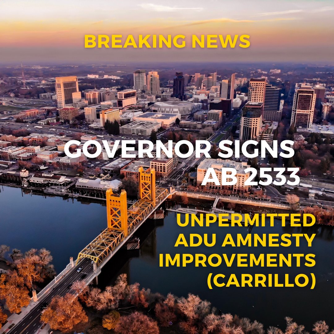 Casita Coalition (@casitacoalition) on Twitter photo Exciting news! Governor <a href="/GavinNewsom/">Gavin Newsom</a> has signed Casita-sponsored AB 2533 into law, making it easier and more affordable to legalize unpermitted ADUs. We thank Asm. Carrillo for championing this effort.
Read our blog: casitacoalition.org/casita-coaliti…
#ADUs #MiddleHousing #BuildTheMiddle Exciting news! Governor <a href="/GavinNewsom/">Gavin Newsom</a> has signed Casita-sponsored AB 2533 into law, making it easier and more affordable to legalize unpermitted ADUs. We thank Asm. Carrillo for championing this effort.
Read our blog: casitacoalition.org/casita-coaliti…
#ADUs #MiddleHousing #BuildTheMiddle
