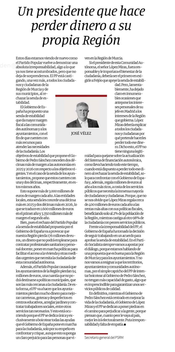 🚨‼️López Miras antepone los intereses personales de Feijóo a la Región.

👉El rechazo del PP a la senda de estabilidad supone que la Región pierda 176 millones y los ayuntamientos otros 94.

⚠️Castiga a los ciudadanos para intentar dañar al Gobierno de España.